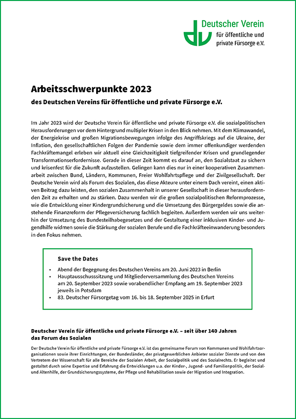 Grafik: Cover der Arbeitsschwerpunkte 2023 des Deutschen Vereins für öffentliche und private Fürsorge e.V.
