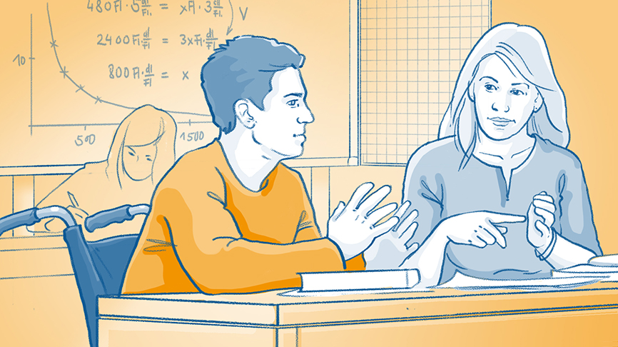 Die Grafik ist eine Illustration in Blau und Gelb mit einzelnen hervorgehobenen Elementen. Die Illustration zeigt zwei Personen, die an einem Tisch in einem Klassenraum sitzen.