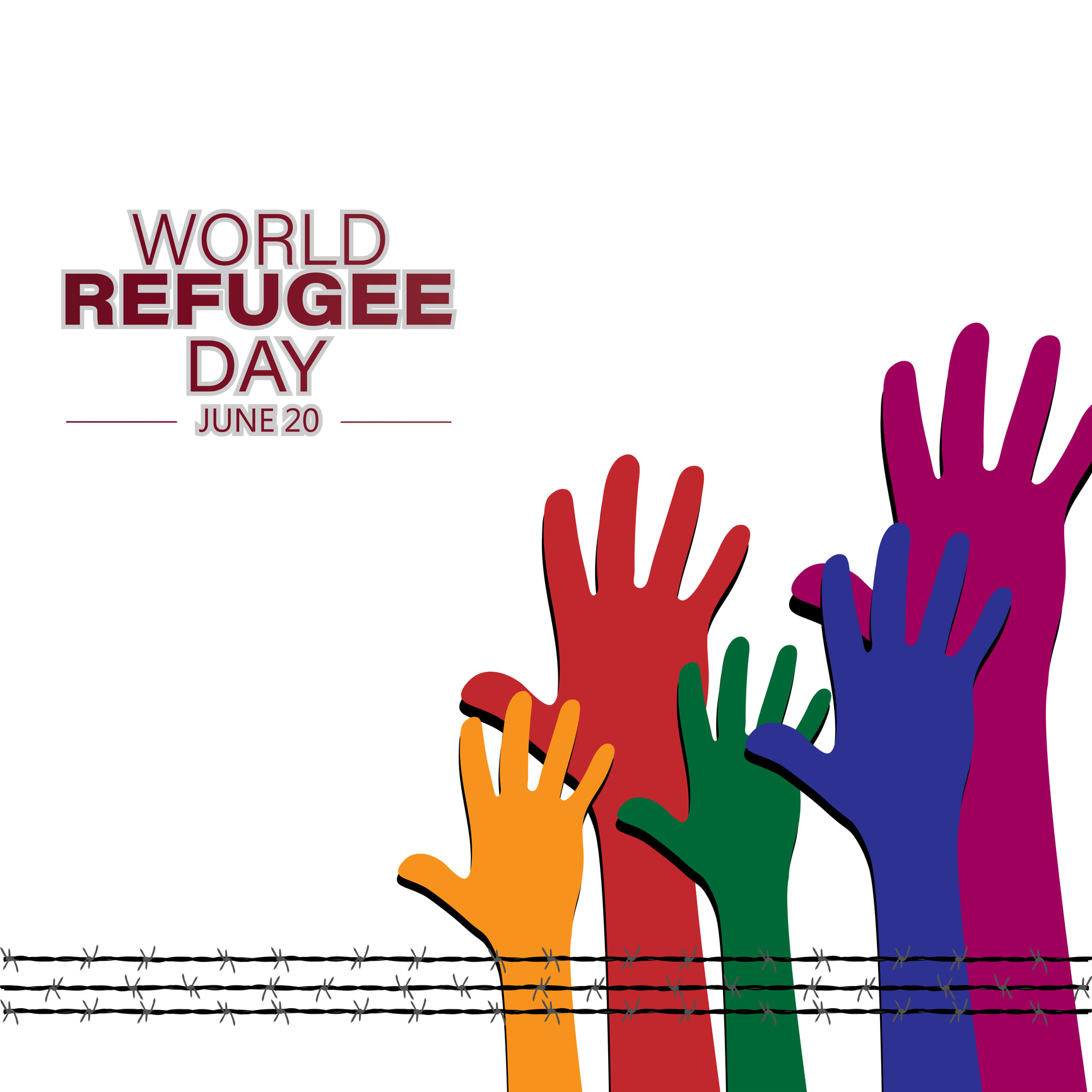Grafik: Bunte Hände in der Luft mit Schriftzug World Refugee Day