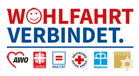 Das Bild zeigt einen Schriftzug Wohlfahrt  veerbindet in den Farben rot und blau. Darunter sind die Logos der Mitglieder der Arbeitsgemeinschaft der Freien Wohlfahrtspflege e.V. Hamburg aufgeführt.