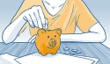 Grafik: Hand führt Geld in ein Sparschwein, Anke Seeliger