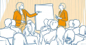 Grafik: 2 Rednerinnen vor einem Flip-Chart mit Publikum, © Anke Seeliger