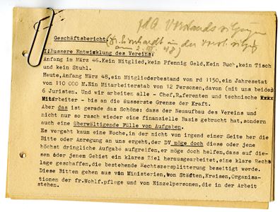 Foto des Vortrags zum Geschäftsbericht 1947, von Hilde Eiserhardt auf der Vorstandssitzung am 2.3.48 in Heidelberg.