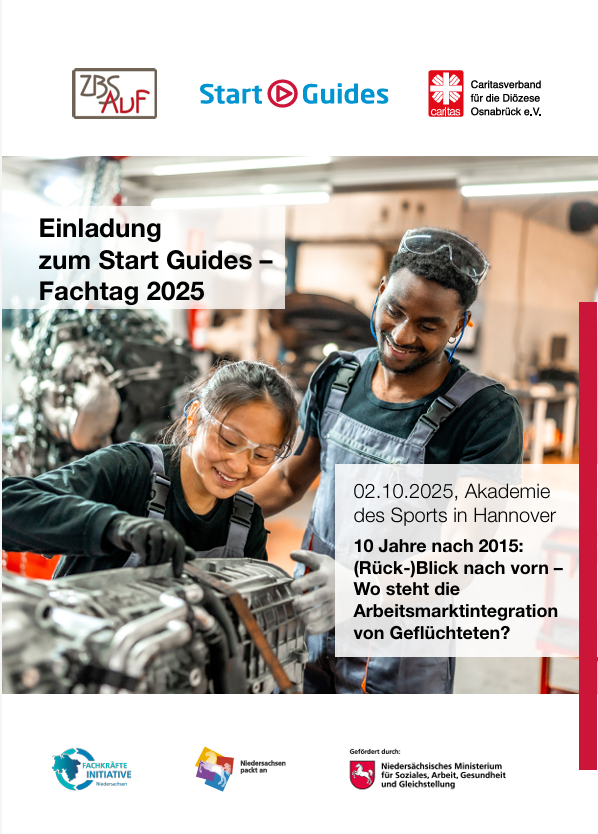 Cover der Einladung zum Start Guides Fachtag2025, Abbildung zeigt zwei Personen mit Migrationshintergrund bei der Arbeit – 