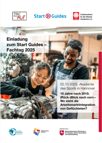 Cover der Einladung zum Start Guides Fachtag2025, Abbildung zeigt zwei Personen mit Migrationshintergrund bei der Arbeit – 