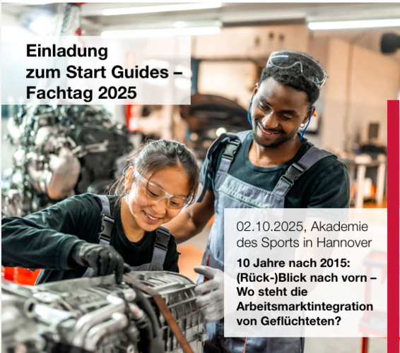 Cover der Einladung zum Start Guides Fachtag2025, Abbildung zeigt zwei Personen mit Migrationshintergrund bei der Arbeit – 