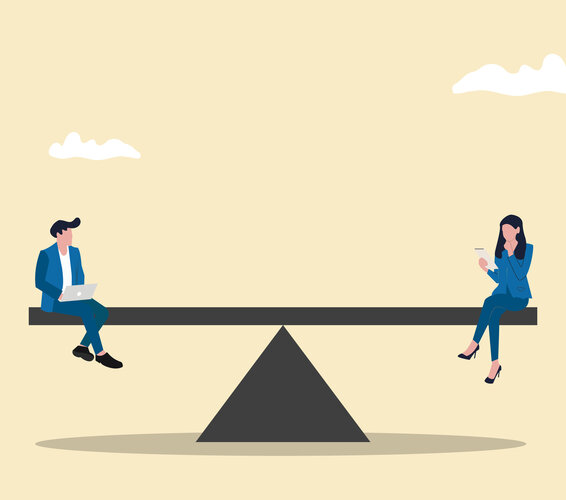 Grafische Darstellung einer Wippe, die ausbalanciert ist. Am linken Ende sitzt ein Mann im Anzug und auf der rechten Seite eine Frau im Businessoutfit. – 