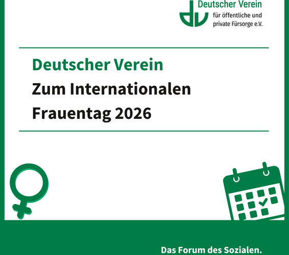 Grafik mit der Aufschrift "Deutscher Verein zum internationalen Frauentag 2026". Grafische Gestaltung: grün und weiß – 