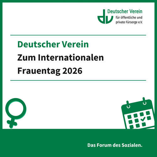 Grafik mit der Aufschrift "Deutscher Verein zum internationalen Frauentag 2026". Grafische Gestaltung: grün und weiß – 