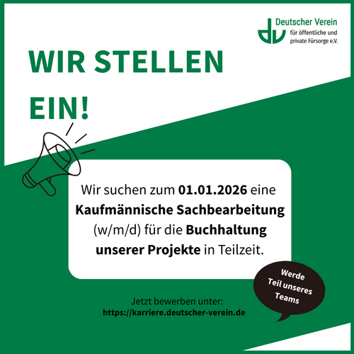 Grafik mit kurzer Stellenbeschreibung und dem Aufruf zur Bewerbung für eine Sachbearbeitungsstelle in der Finanzbuchhaltung. Farbliche Gestaltung: grün und weiß – 