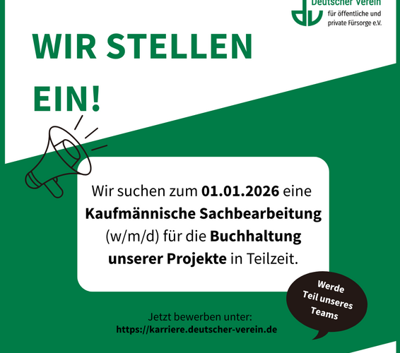 Grafik mit kurzer Stellenbeschreibung und dem Aufruf zur Bewerbung für eine Sachbearbeitungsstelle in der Finanzbuchhaltung. Farbliche Gestaltung: grün und weiß – 