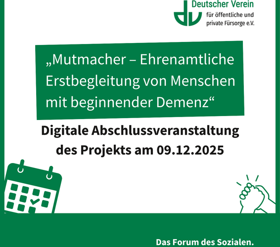 Grafik mit Aufruf zur Teilnahme an der Abschlussveranstaltung der Projekts „Mutmacher – Ehrenamtliche Erstbegleitung von Menschen mit beginnender Demenz“. Farbliche Gestaltung: grün, weiß und schwarz – 