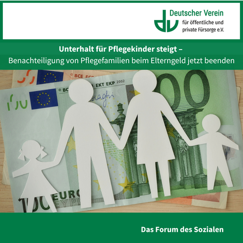 Grafik mit einem Bild auf dem zwei Geldscheine zu sehen sind. Auf den Geldscheinen liegt eine ausgeschnittene Zeichnung einer Familie
