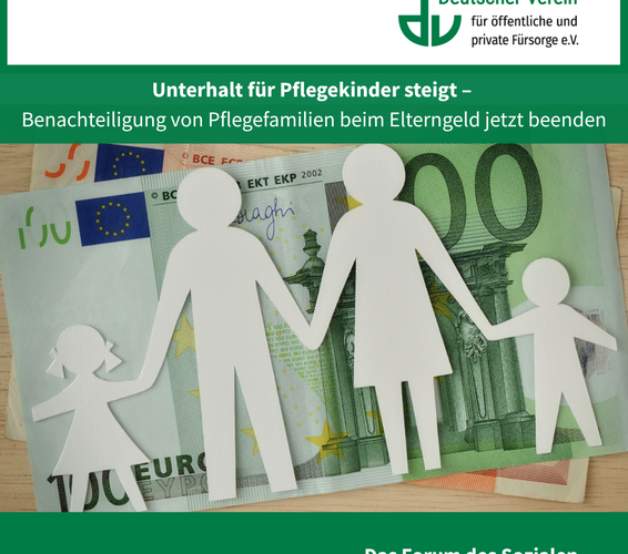 Grafik mit einem Bild auf dem zwei Geldscheine zu sehen sind. Auf den Geldscheinen liegt eine ausgeschnittene Zeichnung einer Familie
