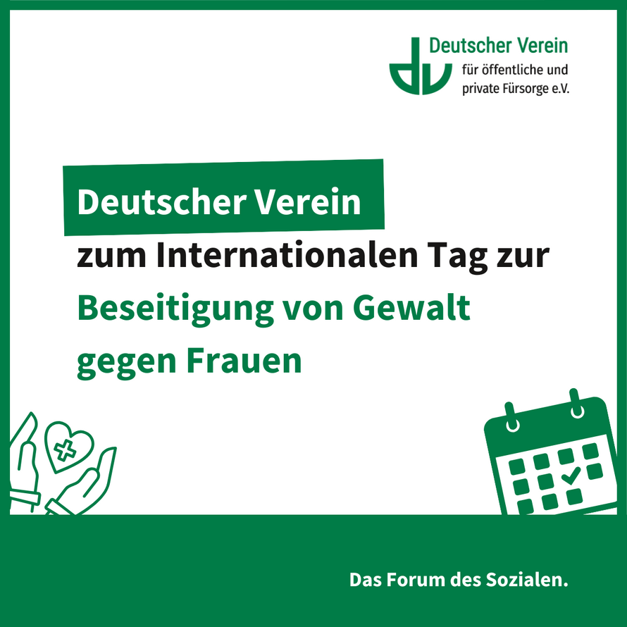 Grafik mit Hinweis auf die PM des Deutschen Vereins zum Internationalen Tag zur Beseitigung von Gewalt gegen Frauen. – 