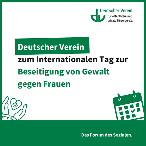 Grafik mit Hinweis auf die PM des Deutschen Vereins zum Internationalen Tag zur Beseitigung von Gewalt gegen Frauen. – 