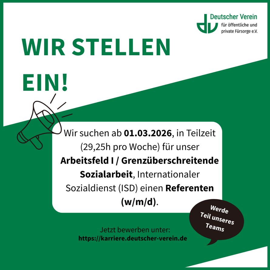 Grafik mit einem Aufruf zur Bewerbung auf eine Referentenstelle (w/m/d) im Arbeitsfeld I. – 