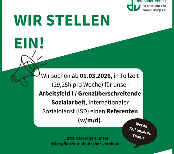 Grafik mit einem Aufruf zur Bewerbung auf eine Referentenstelle (w/m/d) im Arbeitsfeld I. – 