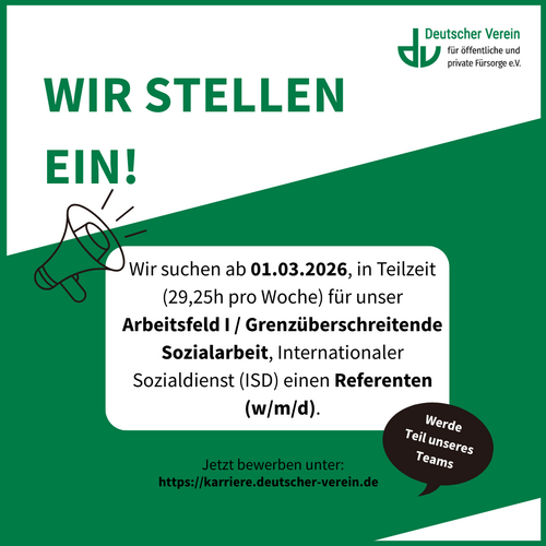 Grafik mit einem Aufruf zur Bewerbung auf eine Referentenstelle (w/m/d) im Arbeitsfeld I. – 