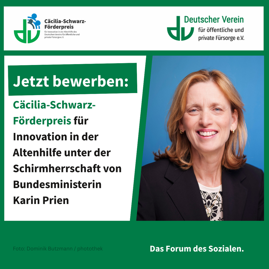 Grafik mit Aufruf zur Bewerbung für den Cäcilia-Schwarz-Förderpreis unter der Schirmherrschaft von Bundesministerin Karin Prien. – 