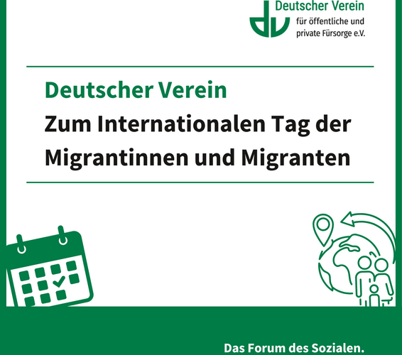 Grafik mit der Aufschrift "Deutscher Verein Zum Internationalen Tag der Migrantinnen und Migranten". Farbliche Gestaltung: grün und weiß – 