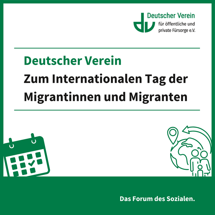 Grafik mit der Aufschrift "Deutscher Verein Zum Internationalen Tag der Migrantinnen und Migranten". Farbliche Gestaltung: grün und weiß – 