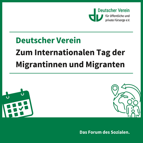 Grafik mit der Aufschrift "Deutscher Verein Zum Internationalen Tag der Migrantinnen und Migranten". Farbliche Gestaltung: grün und weiß – 