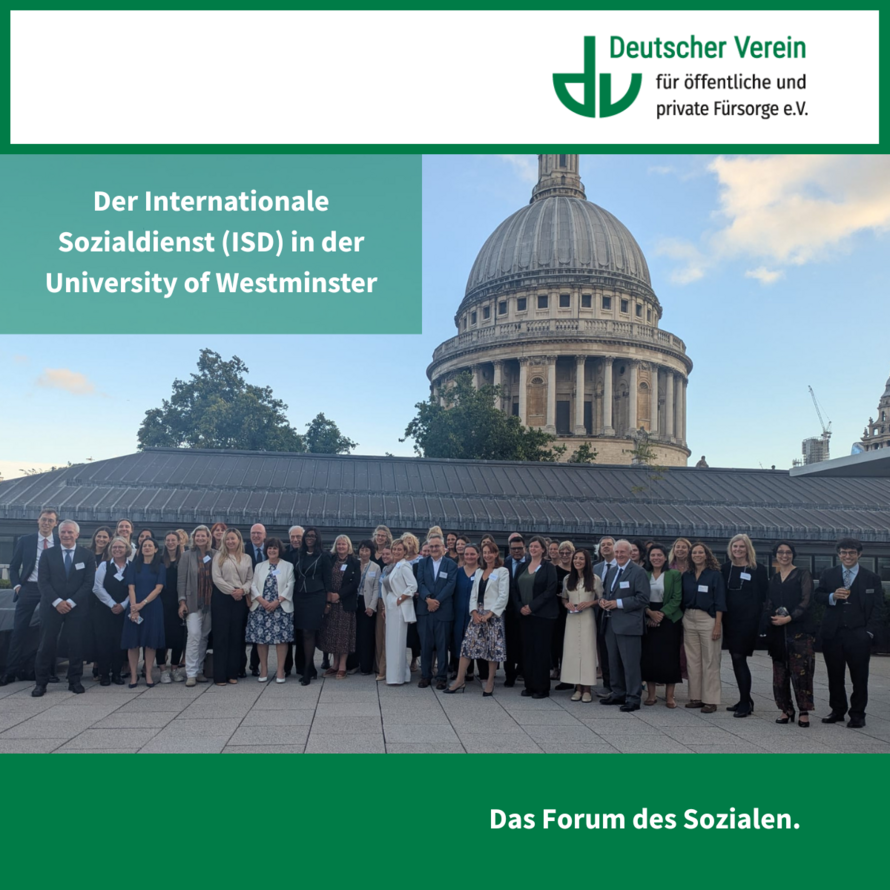Grafik in den Farben des DV mit einem Gruppenbild der Teilnehmenden an der Universität von Westminster. – 