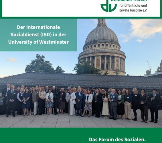 Grafik in den Farben des DV mit einem Gruppenbild der Teilnehmenden an der Universität von Westminster. – 