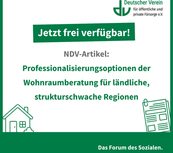 Grafik mit der Aufschrift: Jetzt verfügbar! NDV-Artikel: Professionalisierungsoptionen der Wohnraumberatung für ländliche, strukturschwache Regionen – 