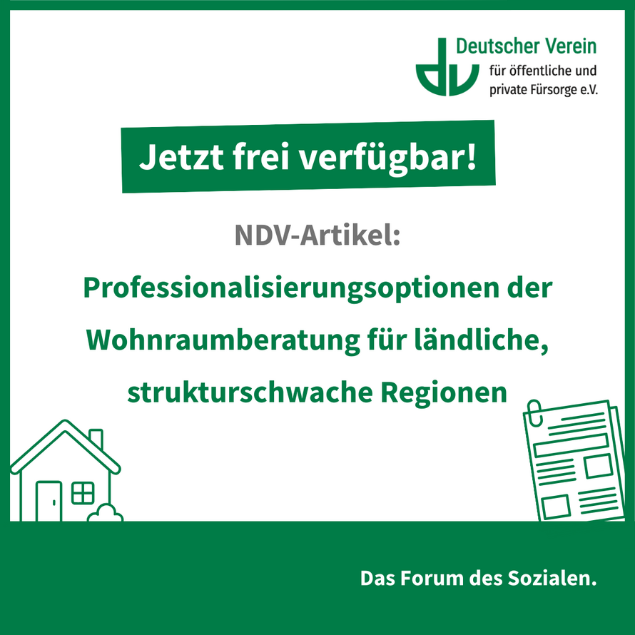 Grafik mit der Aufschrift: Jetzt verfügbar! NDV-Artikel: Professionalisierungsoptionen der Wohnraumberatung für ländliche, strukturschwache Regionen – 