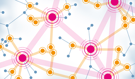 Das Bild ist eine Illustration in Pink, Orange, Blau und Weiß. Die Illustration zeigt ein abstraktes Netzwerk, das Punkte mit Strichen verbindet. –