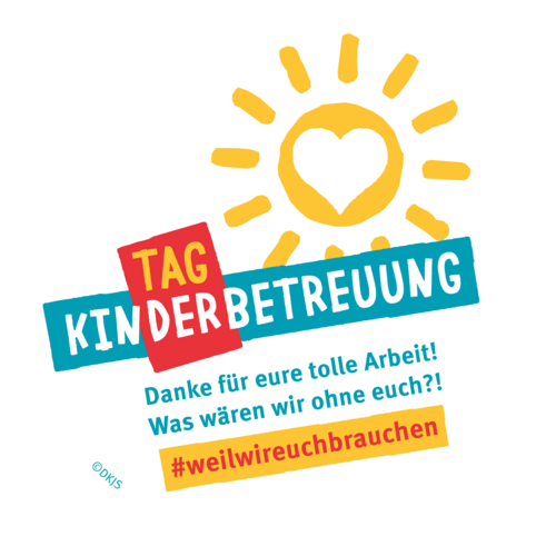 Gelbe Sonne mit Herz und Schriftzug "Tag der Kinderbetreuung" – 