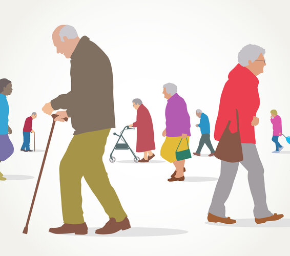 Illustration von Senior*innen die in verschiedene Richtungen gehen. – 