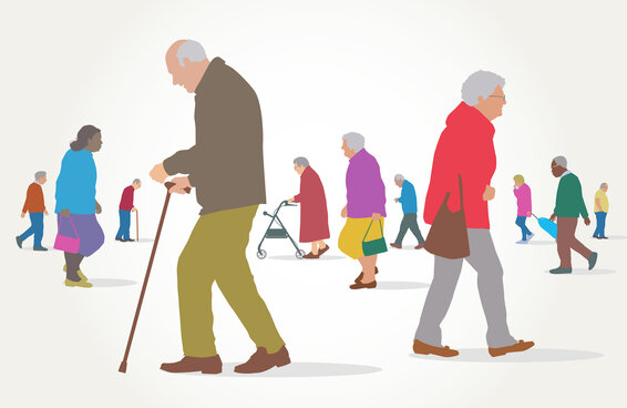 Illustration von Senior*innen die in verschiedene Richtungen gehen. – 