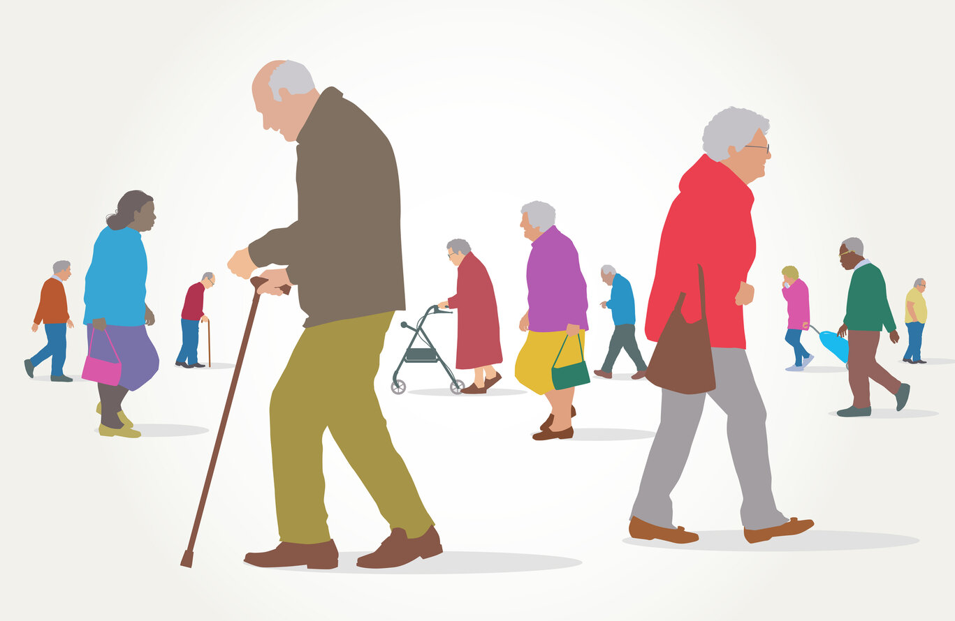 Illustration von Senior*innen die in verschiedene Richtungen gehen. – 