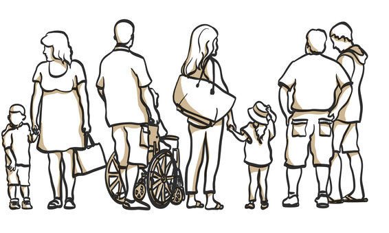 Grafik mit unterschiedlichen menschlichen Motiven. Kinder und Jugendlich in verschiedenen Situationen mit Freunden und Familie.