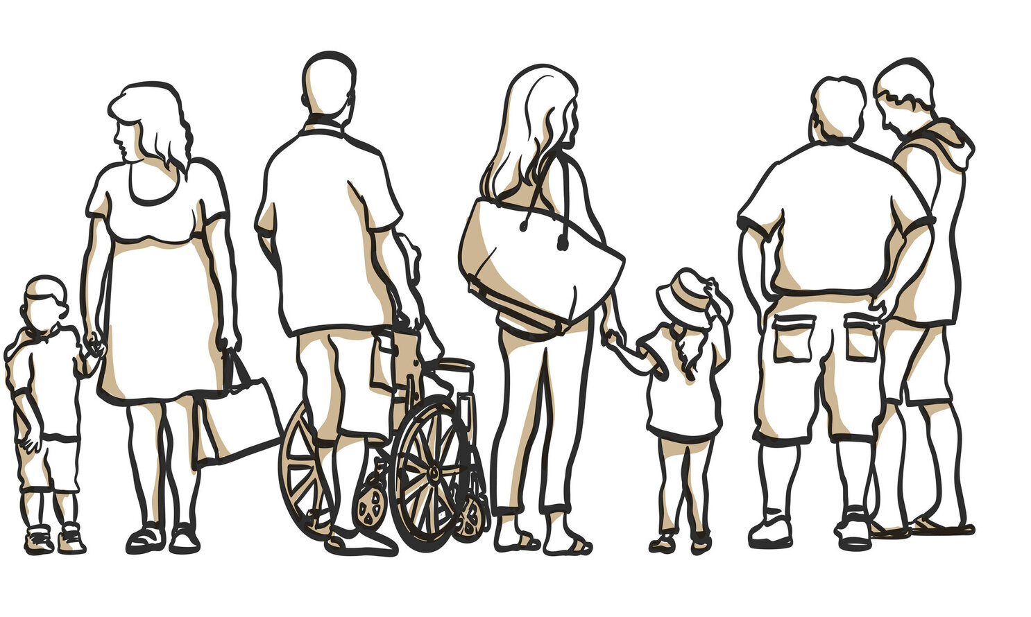 Grafik mit unterschiedlichen menschlichen Motiven. Kinder und Jugendlich in verschiedenen Situationen mit Freunden und Familie.