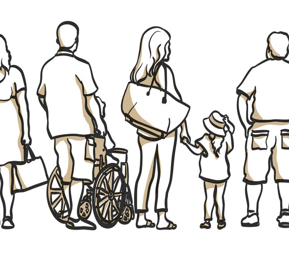 Grafik mit unterschiedlichen menschlichen Motiven. Kinder und Jugendlich in verschiedenen Situationen mit Freunden und Familie.