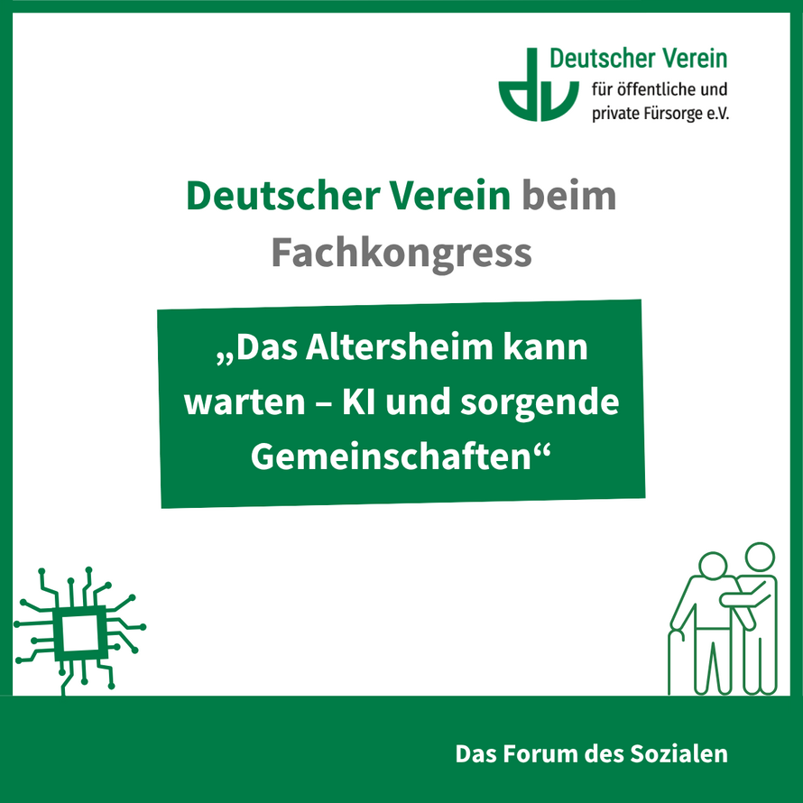 Grafik mit der Aufschrift: „Das Altersheim kann warten – KI und sorgende Gemeinschaften“ – 