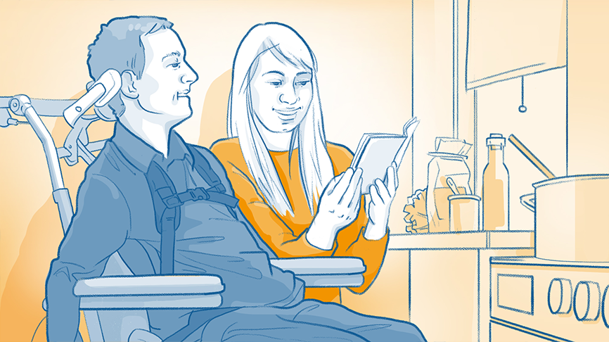 Das Bild ist eine Illustration in Orange, Blau und Weiß. Die Illustration zeigt einen Mann im Rollstuhl. Daneben sitzt eine Frau, die ihm aus einem Buch vorliest. – 