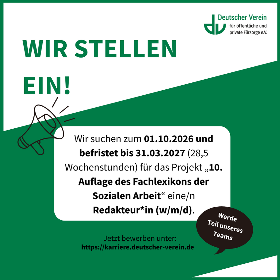 Grafik mit einem Bewerbungsaufruf für eine Redakteur*innenstelle im Arbeitsfeld V. – 