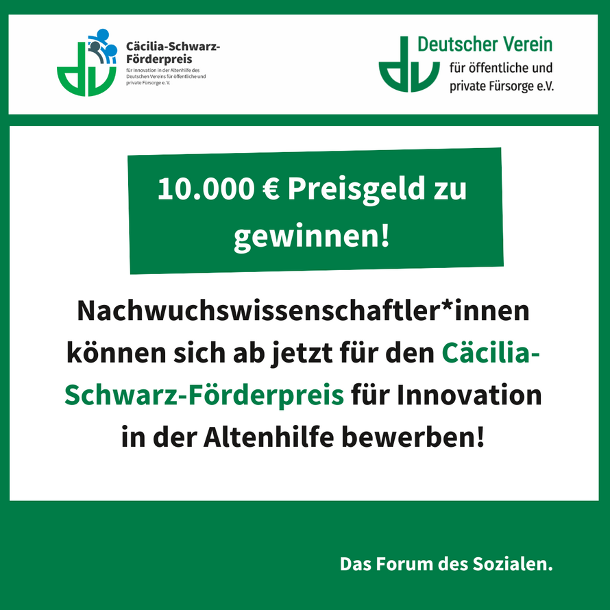 Grafik mit dem Aufruf an Nachwuchwissenschaftler*innen sich für den Cäcilia-Schwarz-Förderpreis zu bewerben. Farbliche Gestaltung: grün und weiß – 