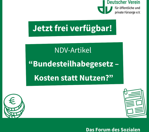Infografik mit zwei kleinen Icons, einem kleinen Stapel Euro-Stücke und einem Dokument, und der Aufschrift: Jetzt frei verfügbar! NDV-Artikel "Bundesteilhabegesetz – Kosten statt Nutzen?" – 