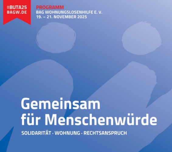 Grafik mit Aufschrift: "Gemeinsam für Menschenwürde"; farbliche Gestaltung: blau und weiß – 