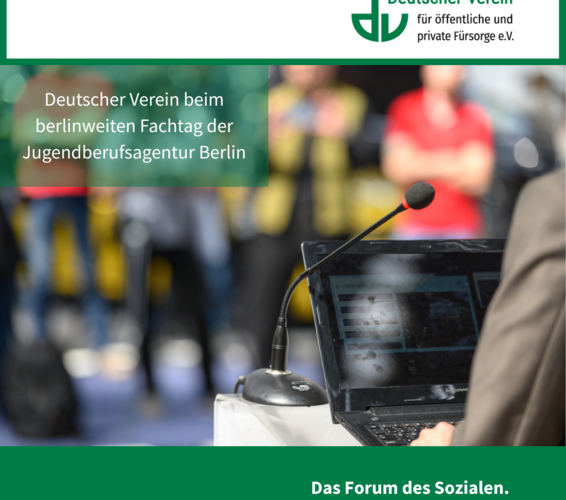 Grafik im Design des Deutschen Vereins, mit einem Foto auf dem eine Person zu sehen ist, die gerade einen Vortrag hält. – 