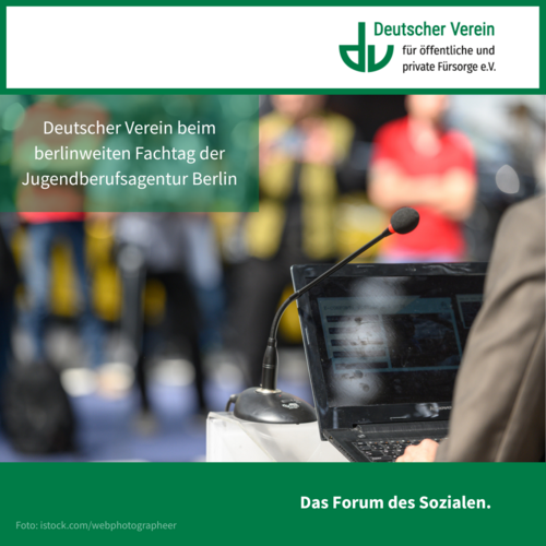 Grafik im Design des Deutschen Vereins, mit einem Foto auf dem eine Person zu sehen ist, die gerade einen Vortrag hält. – 
