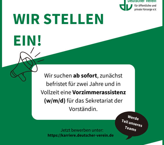 Grafik mit Bewerbungsaufruf für die Vorzimmerassistenz für das Sekretariat der Vorständin. – 