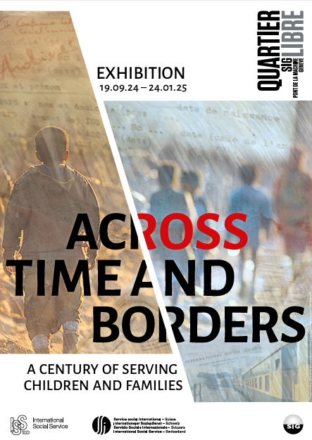 Grafik mit dem Titel "across time and borders" und Datum der Ausstellung –