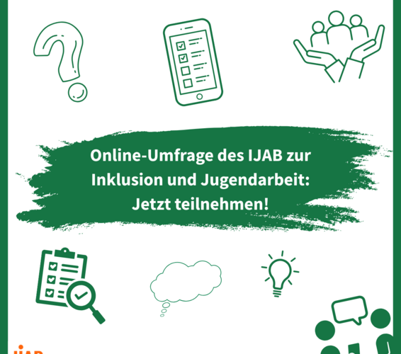 Grafik in den Farben des DV und mit verschieden Icons zum Thema Jugendarbeit und Inklusion. – 